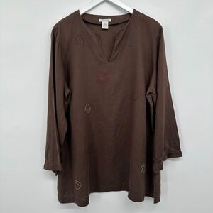 Gillian Grey Tunic Top Shirt‎ Blouse Size 1X Embroidered Lagenlook Earthy Forest